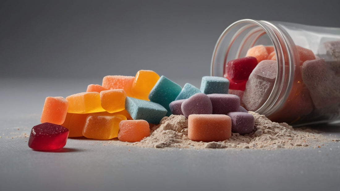 vitamin gummies spilling out of a jar